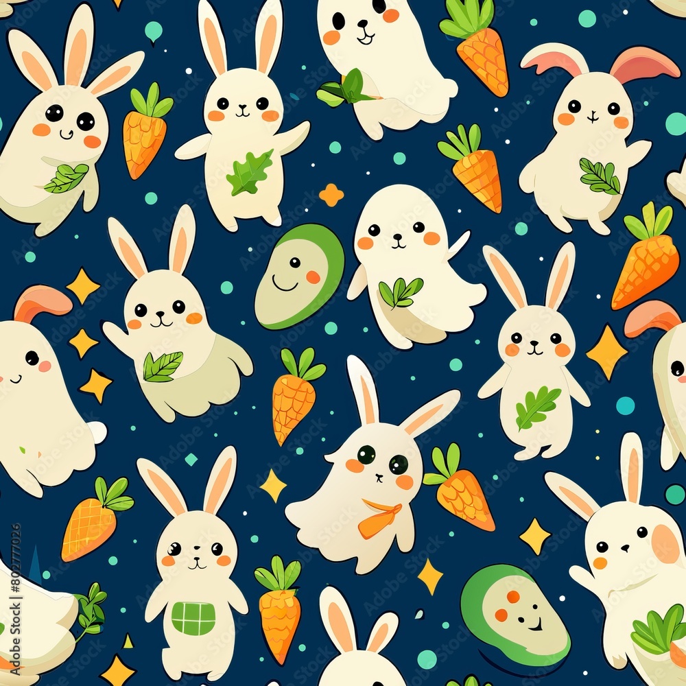 Naklejka premium Seamless pattern of joyful ghost bunnies with carrot treats, Generative AI