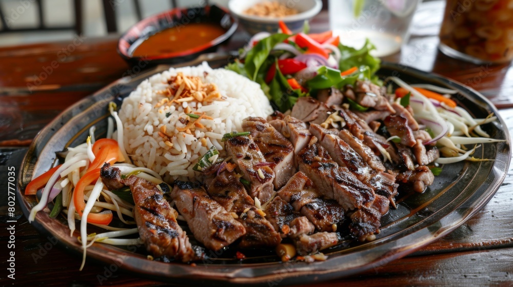 A platter of grilled pork neck served with sticky rice and spicy papaya salad, a classic and mouthwatering Thai combination.