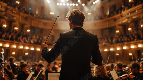 An orchestra with a conductor standing on stage in front of an audience. Generative AI. © visoot