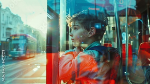 Smiling little boy riding bus looking away, beautiful boy taking bus to work, lifestyle concept. Young smiling man holding onto a handle while traveling by public bus.