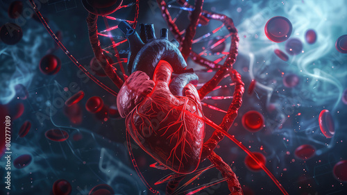 Human heart with cardio pulse line chromosome and Flowing red blood cells