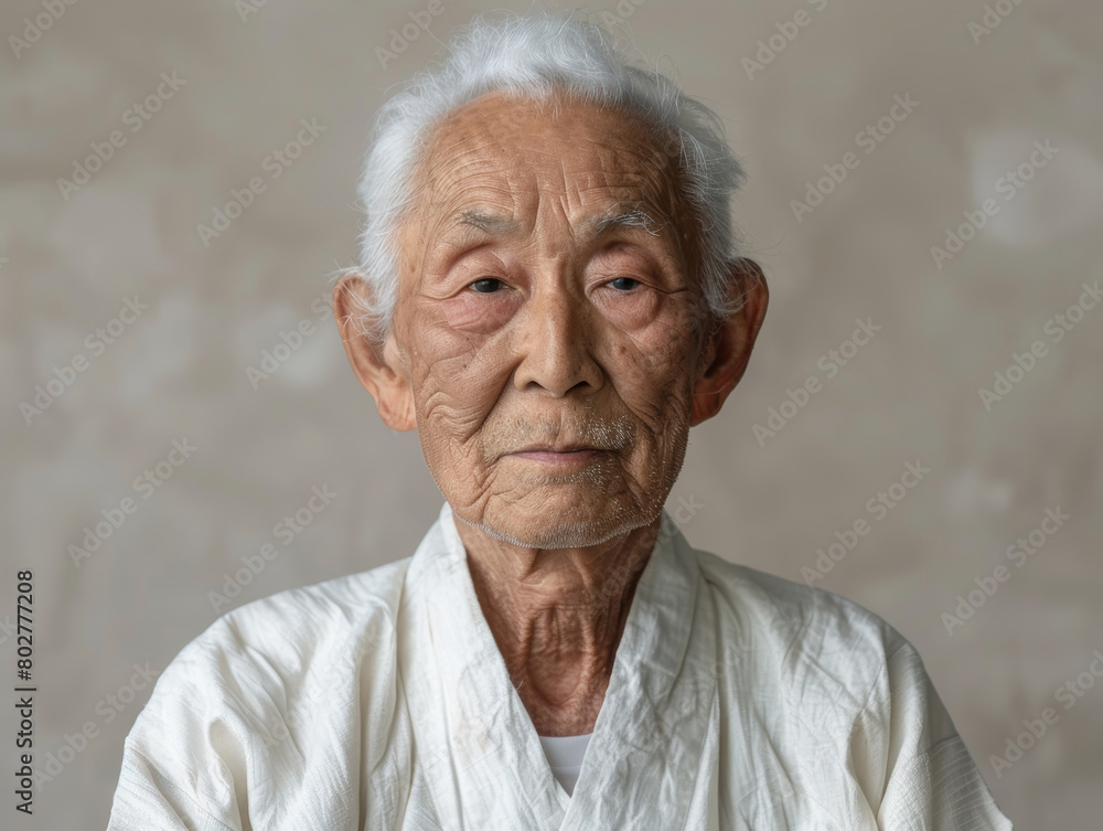 Serene elderly asian man gazes calmly at the camera, his face expressing wisdom and the beauty of advanced age, neutral background , copy space