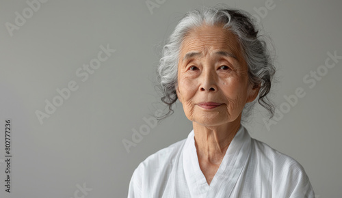japanese old woman whith white hair , fierce face, with white shirt and light grey background, space for copy, Portrait of a graceful elderly woman with white hair, exuding serenity and wisdom, photo