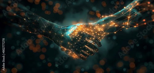 A luminous, digital handshake forming a secure connection over a network, illustrating the trust and safety in data exchanges between secure entities. 32k, full ultra hd, high resolution photo