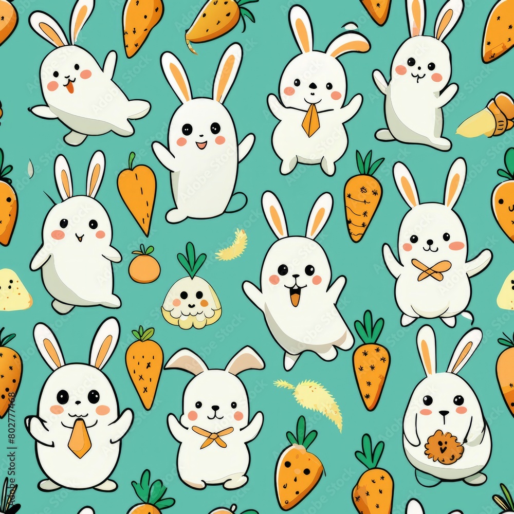 Seamless pattern of joyful ghost bunnies with carrot treats, Generative AI