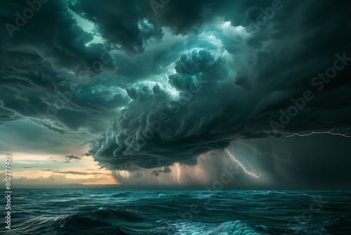 A dramatic seascape a tempestuous storm brews over a vast ocean, churning the water with dark, ominous clouds unleashing streaks of lightning, capturing the raw power of nature.