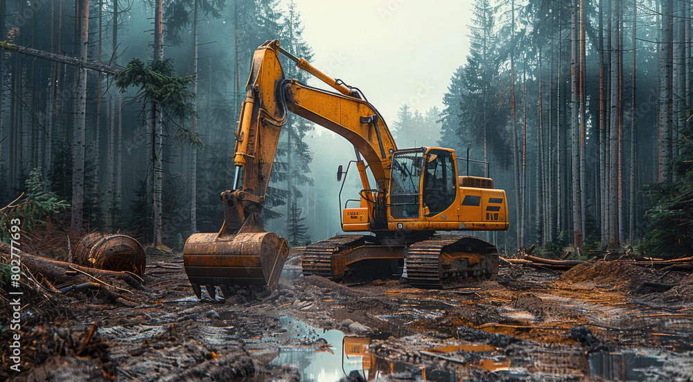 Large excavator in the forest. Generative AI. Large excavator in the forest. Generative AI.