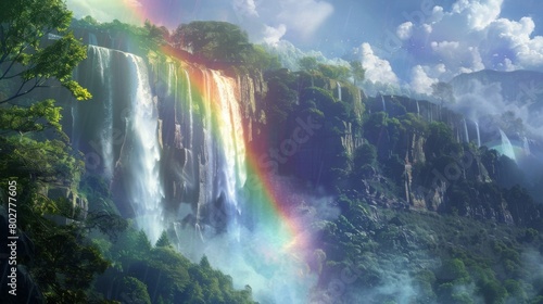 A rainbow forming in the mist of a waterfall  adding a magical touch to the already enchanting natural scenery.