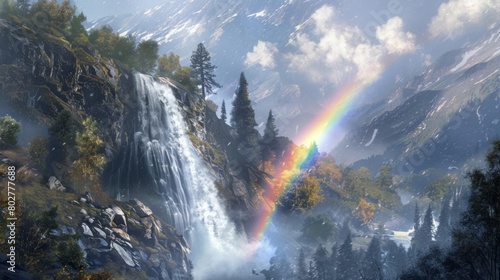 A rainbow forming in the mist of a waterfall, adding a magical touch to the already enchanting natural scenery. © Plaifah