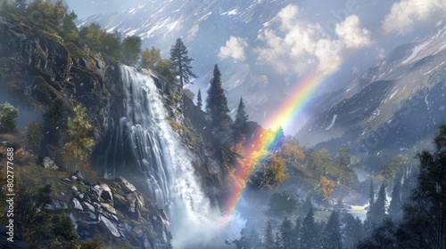 A rainbow forming in the mist of a waterfall  adding a magical touch to the already enchanting natural scenery.