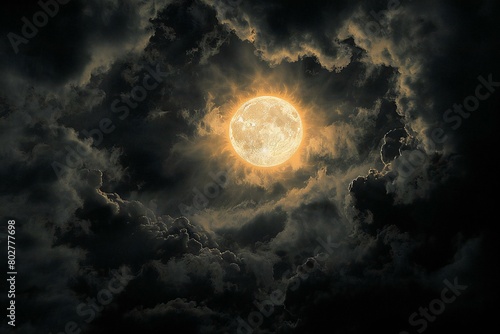 Full moon in the night sky with clouds and stars, Halloween background photo