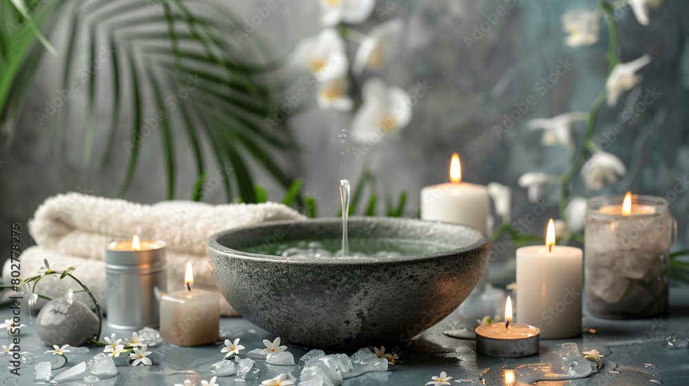Spa composition with water in bowl and candles on table