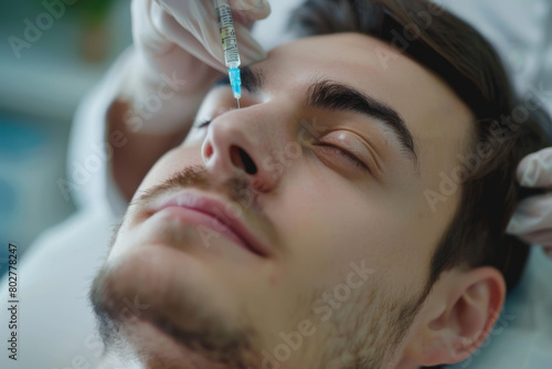 Young man receives botox injection for facelifting. Aesthetic medicine