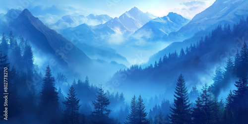 Illustrate a mountain landscape with shades of blue, creating a serene and majestic atmosphere