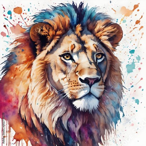 A watercolour illustration of a beautiful lion with a splatter effect