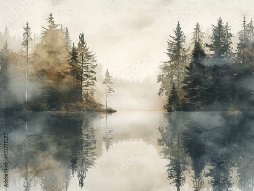 foggy lake, neutral pastel watercolor, boho style