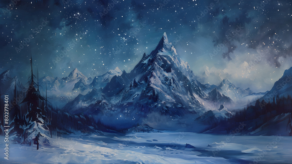 Majestic Frozen Peak Under Starry Night Sky Serene Landscape of Icy Mountain Lake and Evergreen Forest