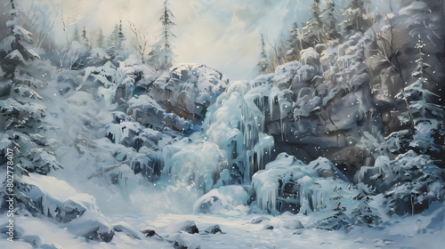 Wallpaper Mural Frozen Waterfall Cascading Down a Rugged Mountain Landscape Surrounded by Snow Laden Evergreen Trees Torontodigital.ca
