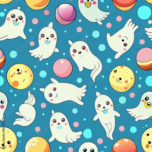 Seamless pattern of playful ghost puppies and bouncing balls, Generative AI