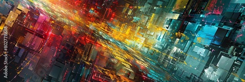 a multicolored digital painting of a cityscape featuring a skyscraper  a bridge  and a street with