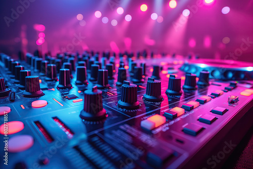 DJ mixer board console in night club in booth