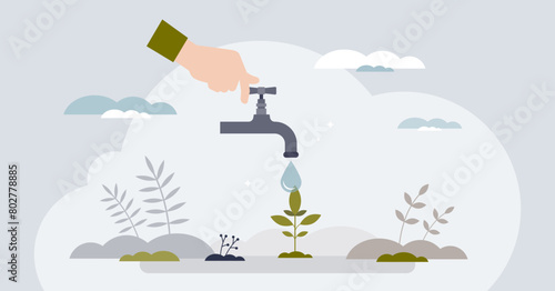 Water management and save natural resources tiny person hands concept. Clean and drinkable tap water after purification and filtering for drinking vector illustration. Aqua preservation and reusage.