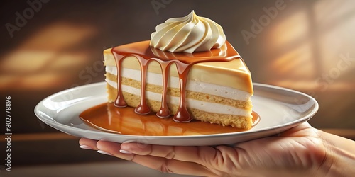 C-up of a hand holding a slice of tres leches cake, drizzled with caramel sauce.
 photo