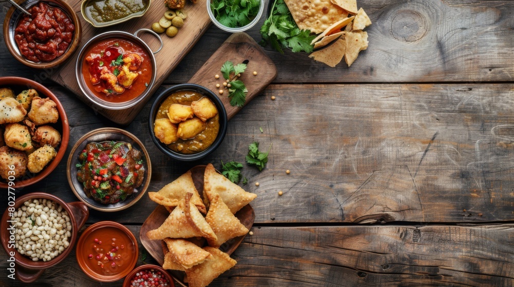 A rustic wooden table adorned with an assortment of spicy samosas, chutneys, and crispy papadums for an Indian feast.