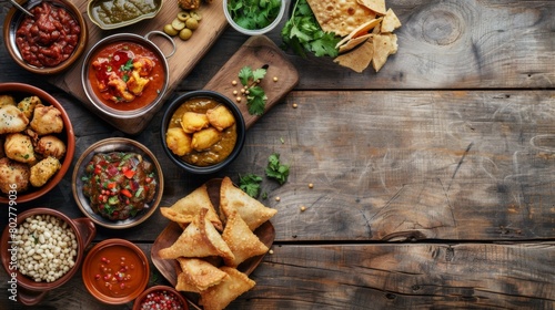 A rustic wooden table adorned with an assortment of spicy samosas, chutneys, and crispy papadums for an Indian feast.