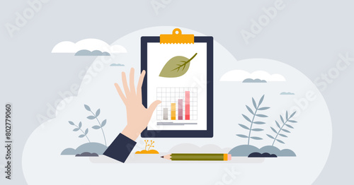 Sustainability reporting and green business ESG chart tiny person concept. Company nature impact and climate forecasting vector illustration. Environmental corporate statistics and data analysis.