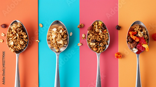 Spoons with tasty granola on color background photo