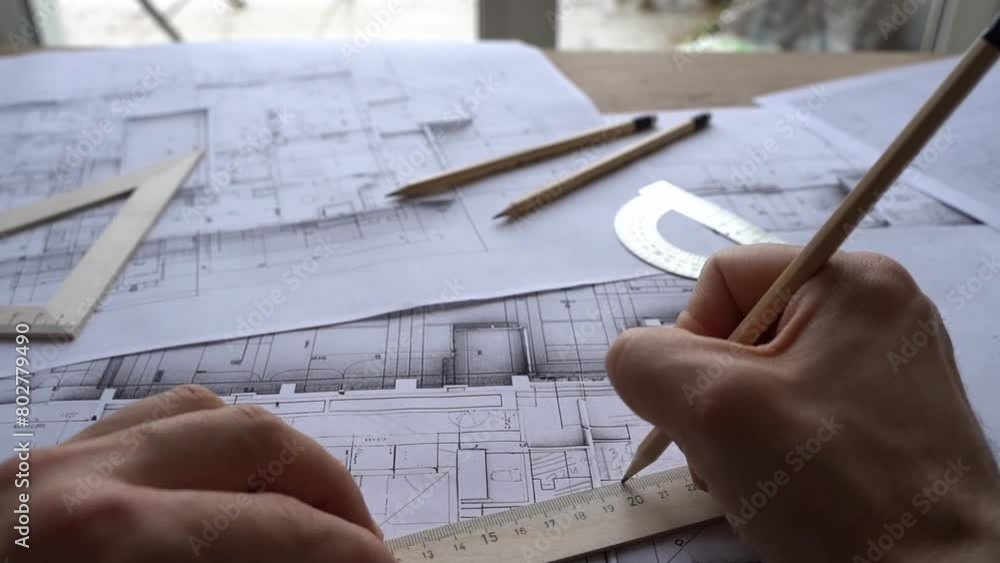 Architectural engineering design plan drawing on the table. Architect's work on table in studio. Construction design and plan Architectural engineering design plan drawing on the table. Architect's work on table in studio. Construction design and plan