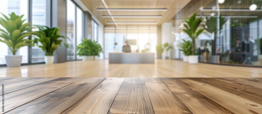 An abstract, blurred interior of a modern office background with a perspective view of a modern wood panel, suitable for showcasing and promoting products in a square image concept. An abstract, blurred interior of a modern office background with a perspective view of a modern wood panel, suitable for showcasing and promoting products in a square image concept.