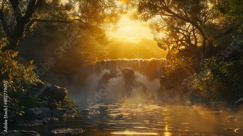 A serene sunrise scene with soft golden light illuminating a tranquil waterfall, creating a peaceful and picturesque setting.