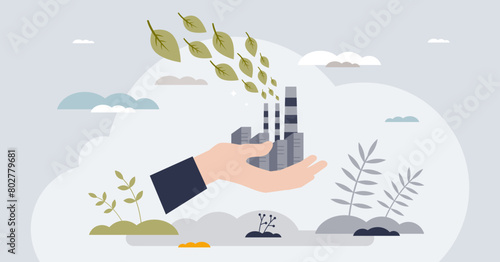 CO2 carbon dioxide emissions and gas pollution tiny person hands concept. Sustainable, ecological and nature friendly factory with renewable power resources or net zero principles vector illustration