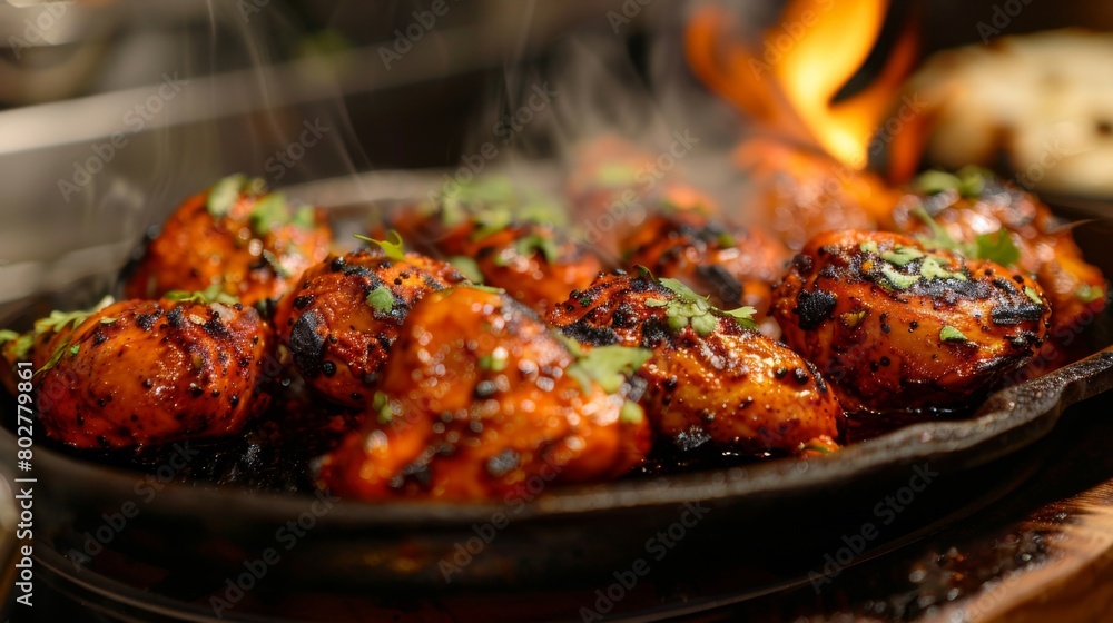 A sizzling platter of tandoori chicken fresh from the oven, the aroma wafting through the air and igniting appetites.