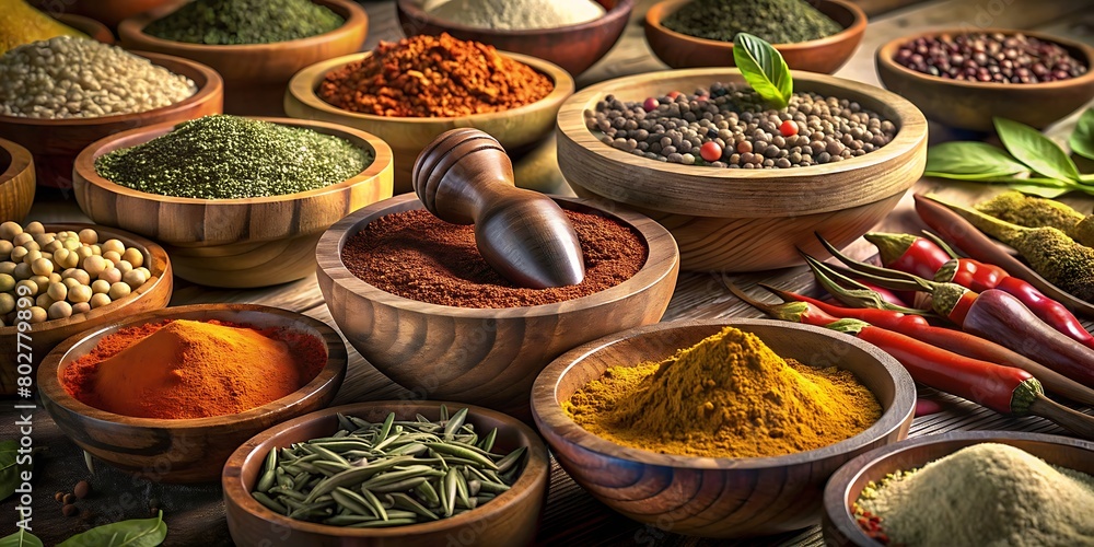 close-up of colorful spices like chili powder, cumin, and oregano in wooden bowls.
