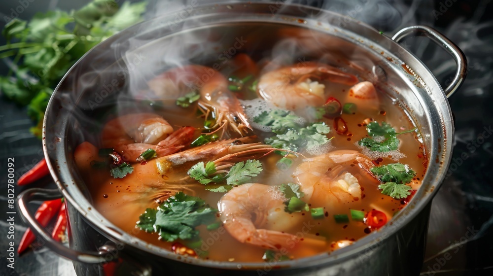 A steaming hot pot of traditional Thai Tom Yum Goong soup, filled with succulent shrimp, fragrant herbs, and spicy chili peppers. A steaming hot pot of traditional Thai Tom Yum Goong soup, filled with succulent shrimp, fragrant herbs, and spicy chili peppers.