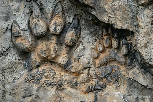 Fossil of a cat's paw in the basaltic rock