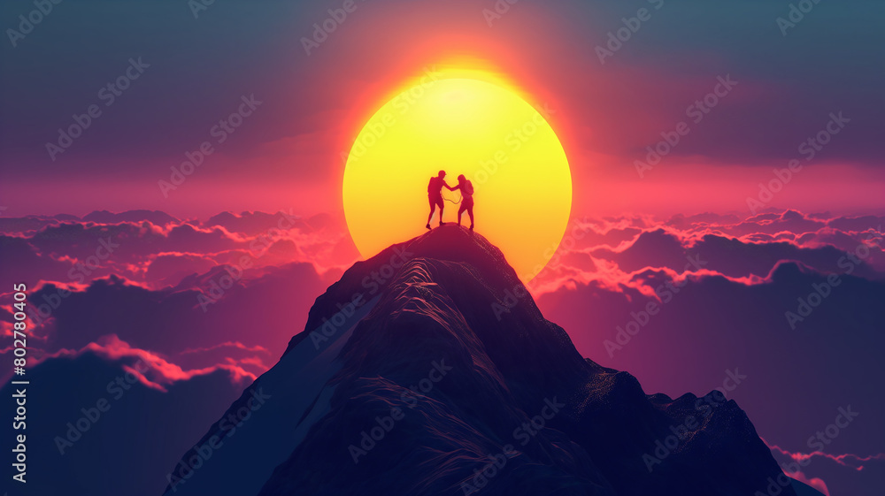 Silhouette two climbers help each other to reach the top of the mountain, fighting spirit and togetherness theme..