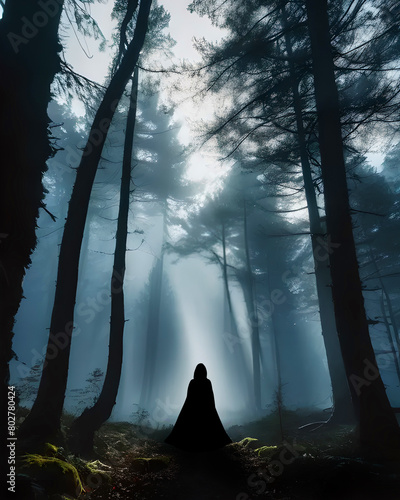 Mystische Fantasy Szene - Silhouetten - Frau mit Kapuze und Umhang im Wald mit Nebel und geheimnisvollem Licht - AI generiert photo