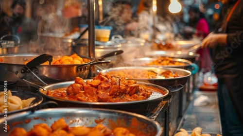 A street food stall bustling with customers, serving up fragrant bowls of chicken razala curry with freshly baked naan bread.