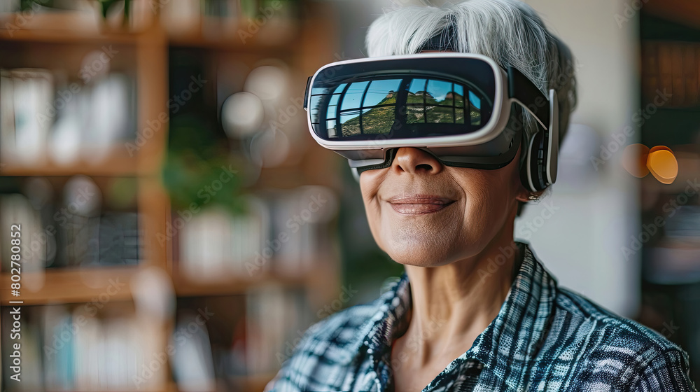 A woman wearing a virtual reality headset is smiling A woman wearing a virtual reality headset is smiling