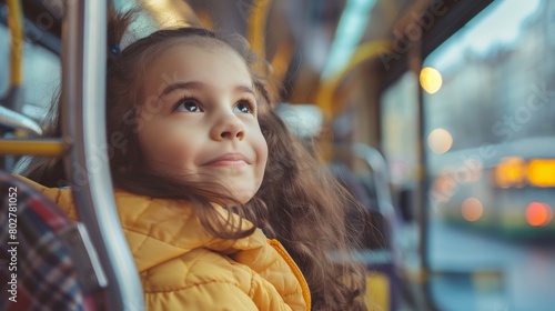 Smiling little girl riding bus looking away  beautiful  girl taking bus to work  lifestyle concept. Young smiling woman holding onto a handle while traveling by public bus.