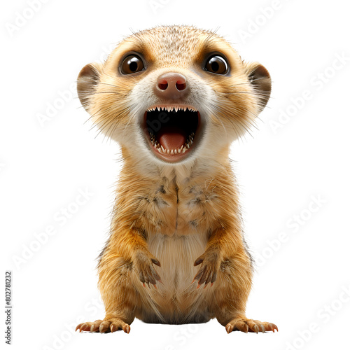 A 3D animated cartoon render of a mongoose shouting a warning about a shark. photo