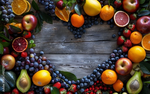 Vibrant Assortment of Fresh Fruits and Berries on Rustic Wooden Background for Healthy Eating. Horizontal banner with copy space