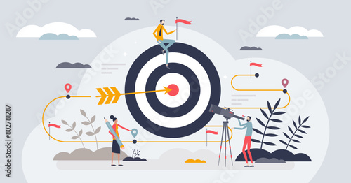 Goal setting as action plan for employee motivation tiny person concept. Achieve target with effective and smart staff leadership vector illustration. Guide company towards objectives and ambitions.