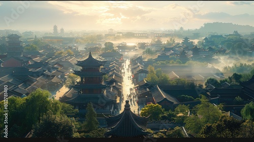 A huge ancient Chinese city with thousands of buildings, bustling streets and green trees on the streets, aerial view. Generative AI.
