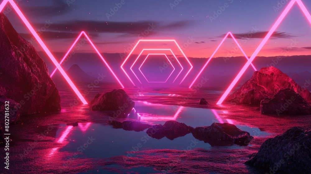 Fototapeta premium The great pink standing hexagon and triangle on the land that surrounded with a lot amount of the hills at the dawn or dusk time of the day that shine light to the every part of the picture. AIGX03.