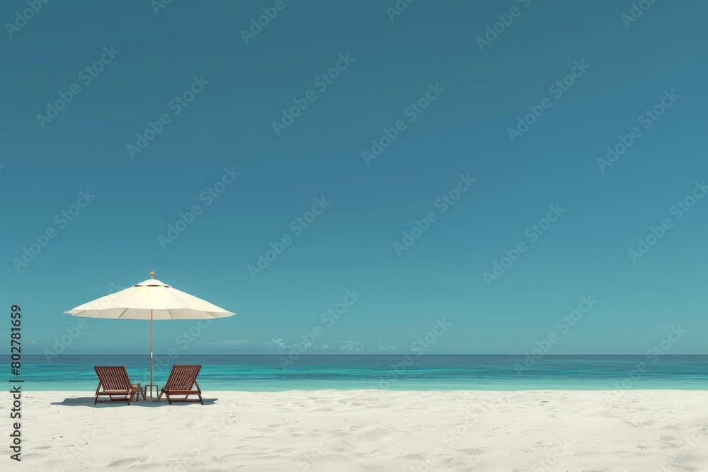 Serene Tropical Beach with White Sand, Umbrella, and Two Lounge Chairs Overlooking Ocean. Horizontal banner with copy space
